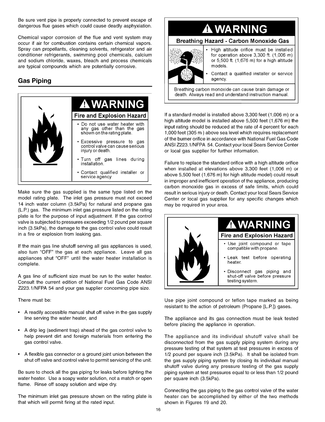 Kenmore 153.331413 HA, 153.331514 HA, 153.331543 owner manual Gas Piping, Fire and Explosion Hazard 