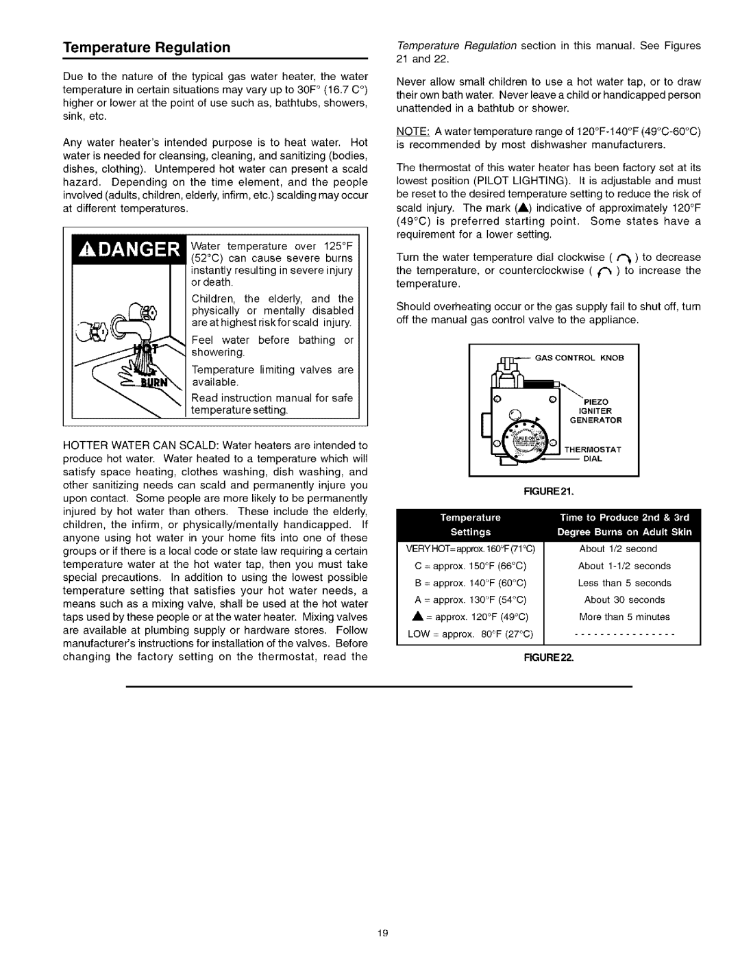 Kenmore 153.331413 HA, 153.331514 HA, 153.331543 owner manual Temperature Regulation, RGURE21, RGURE22 