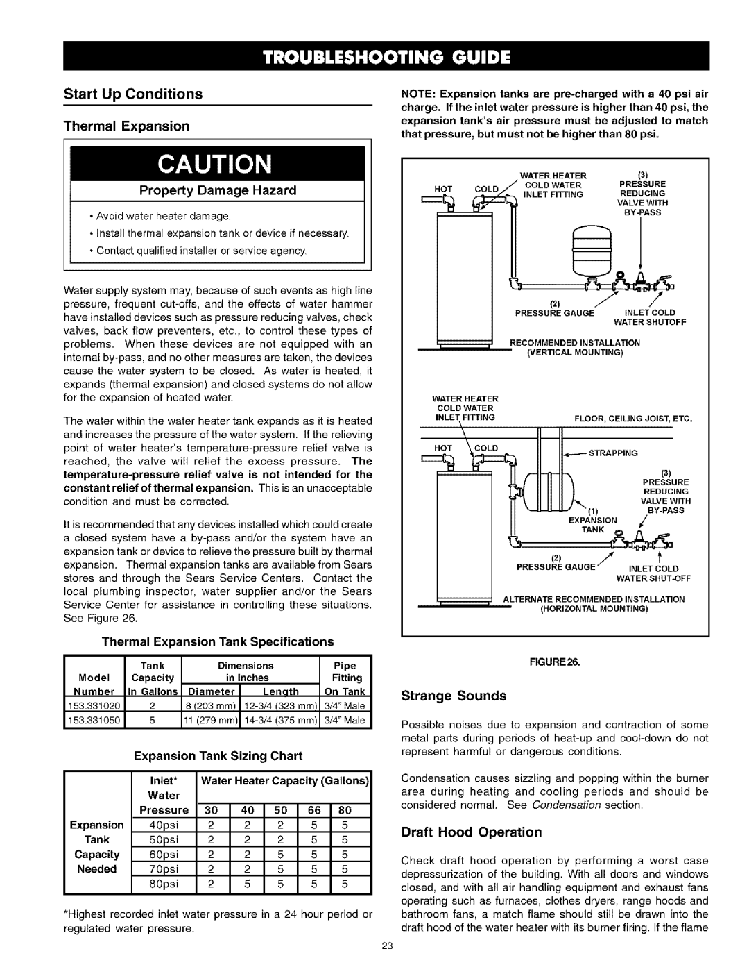 Kenmore 153.331543 Start Up Conditions, Thermal Expansion Property Damage Hazard, Thermal Expansion Tank Specifications 