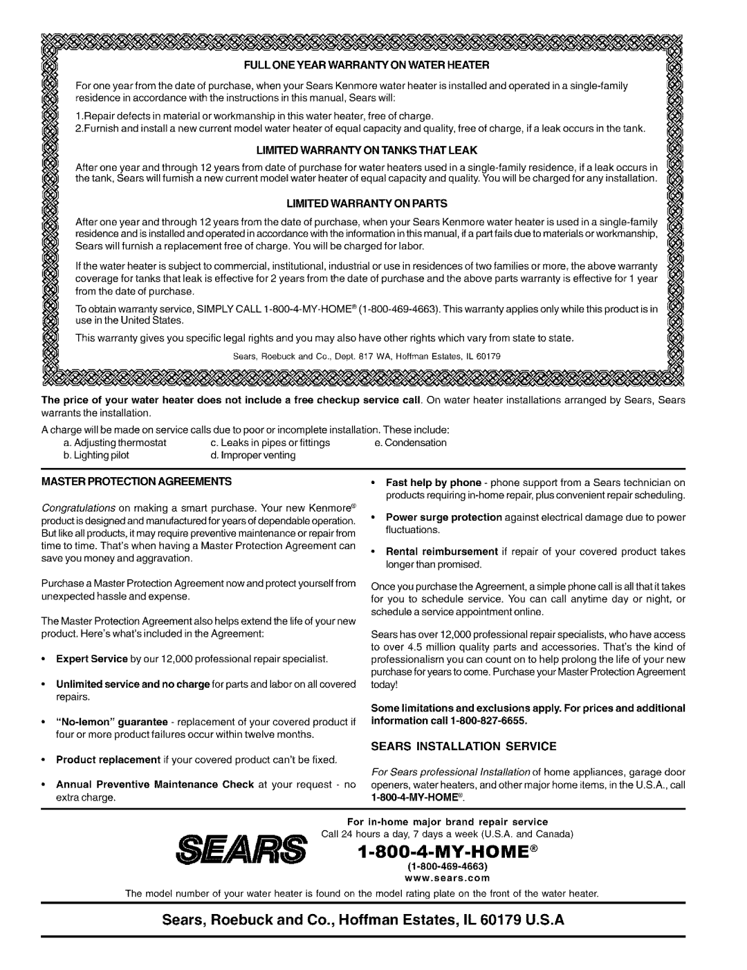 Kenmore 153.331413 HA Full ONE Year Warranty on Water Heater, Limited Warranty on Parts, Sears Installation Service 