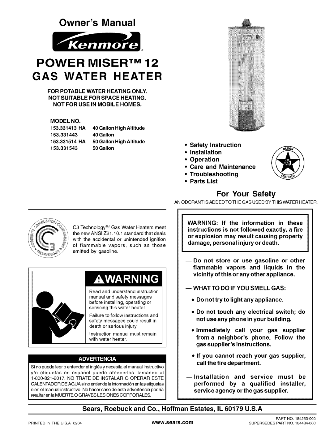 Kenmore 153.331413 HA owner manual Power Miser Tm Gas Water Heater, For Your Safety, Not For Use In Mobile Homes 