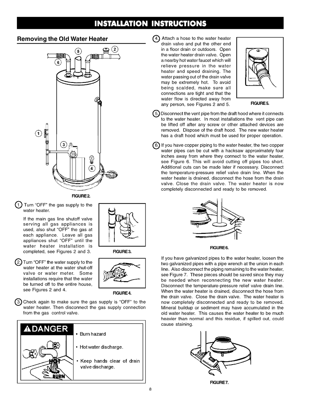 Kenmore 153.331543, 153.331514 HA, 153.331413 HA owner manual Removing the Old Water Heater, Burn hazard Hot water discharge 