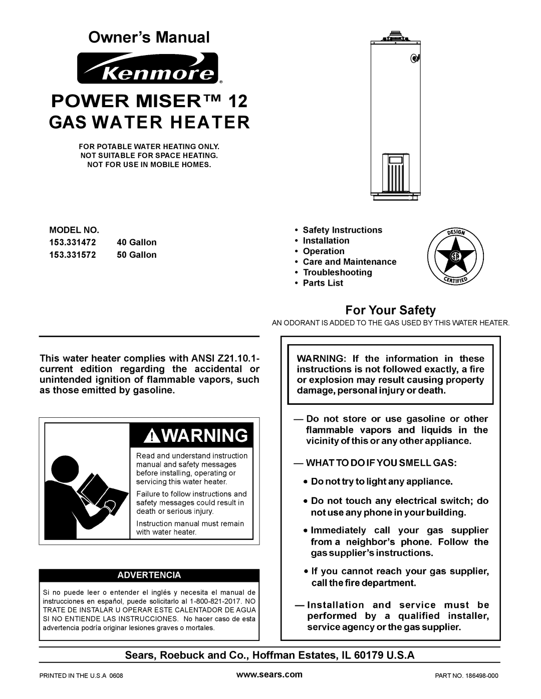 Kenmore 153.331572 owner manual Power Miser GAS Water Heater, Sears, Roebuck and Co., Hoffman Estates, IL 60179 U.S.A 