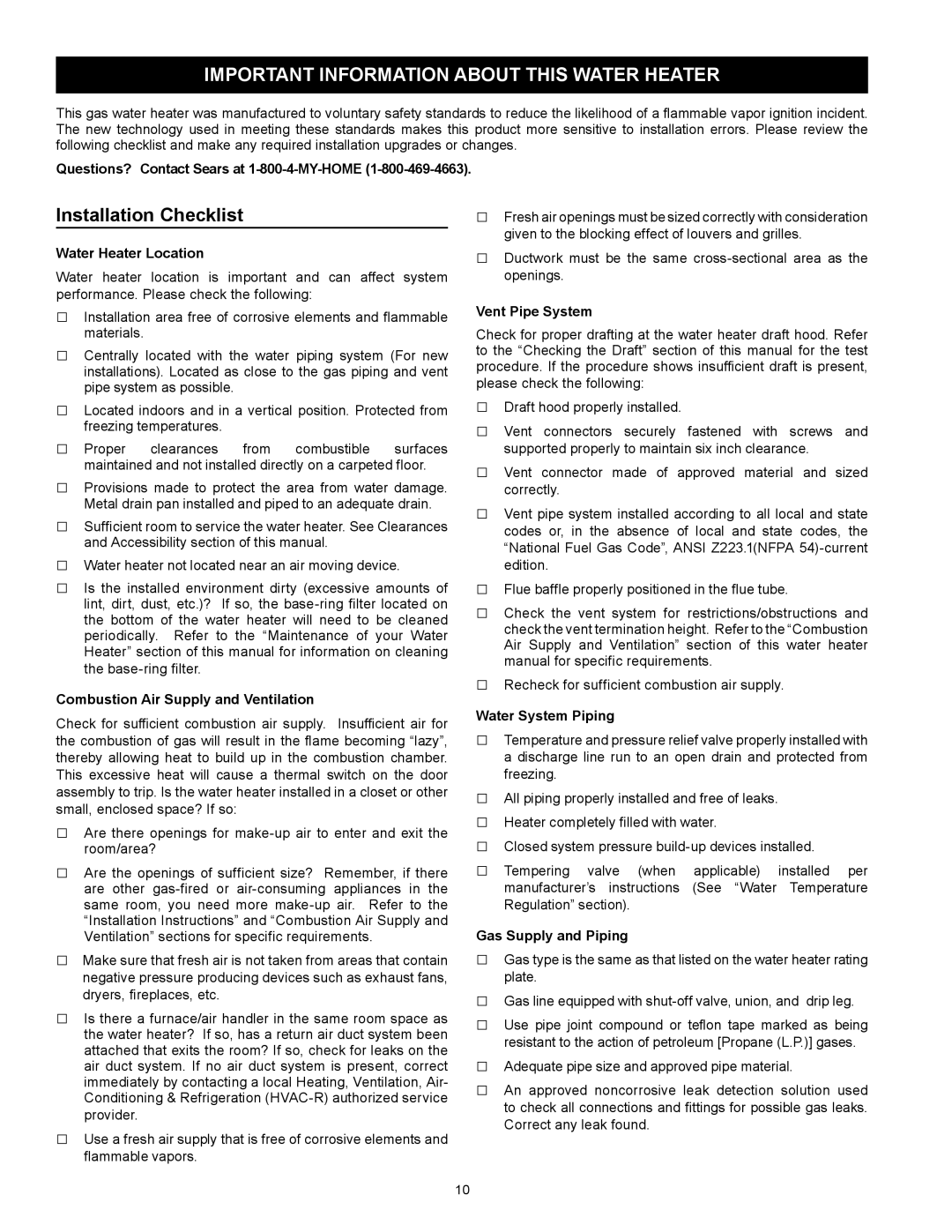 Kenmore 153.331572 owner manual Important Information about this Water Heater, Installation Checklist 