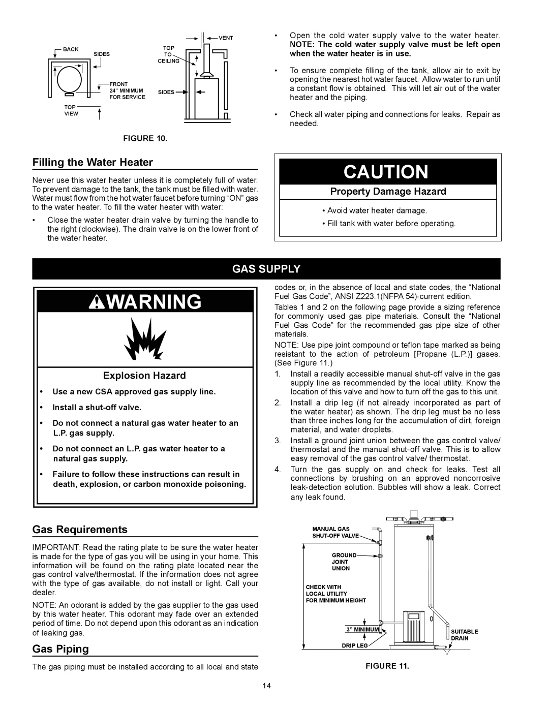 Kenmore 153.331572 owner manual Filling the Water Heater, GAS Supply, Gas Requirements, Gas Piping 