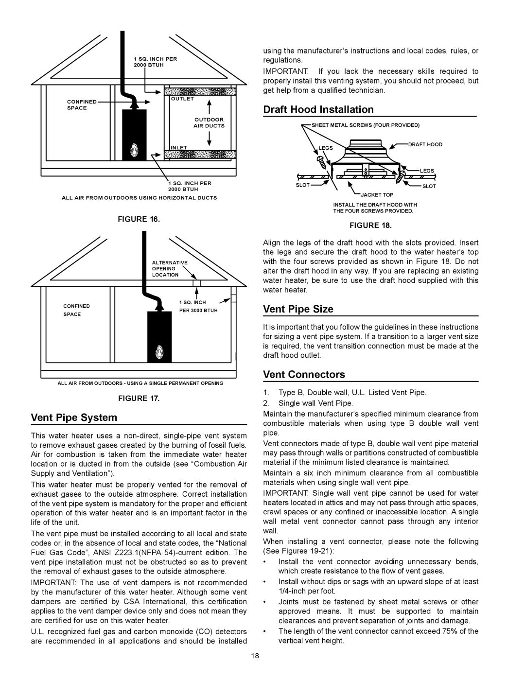 Kenmore 153.331572 owner manual Draft Hood Installation, Vent Pipe System, Vent Pipe Size, Vent Connectors 