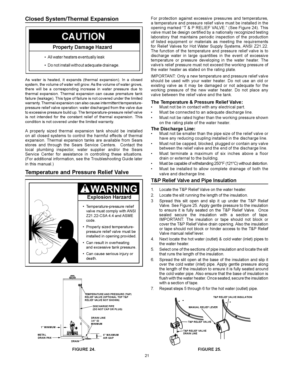 Kenmore 153.331572 owner manual Closed System/Thermal Expansion, Temperature and Pressure Relief Valve 