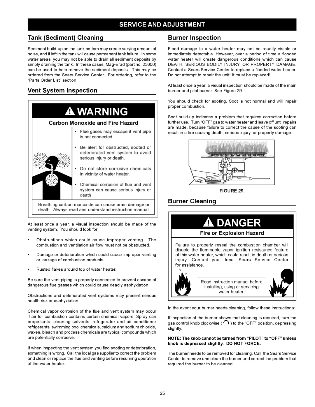 Kenmore 153.331572 owner manual Service and Adjustment, Tank Sediment Cleaning, Vent System Inspection Burner Inspection 