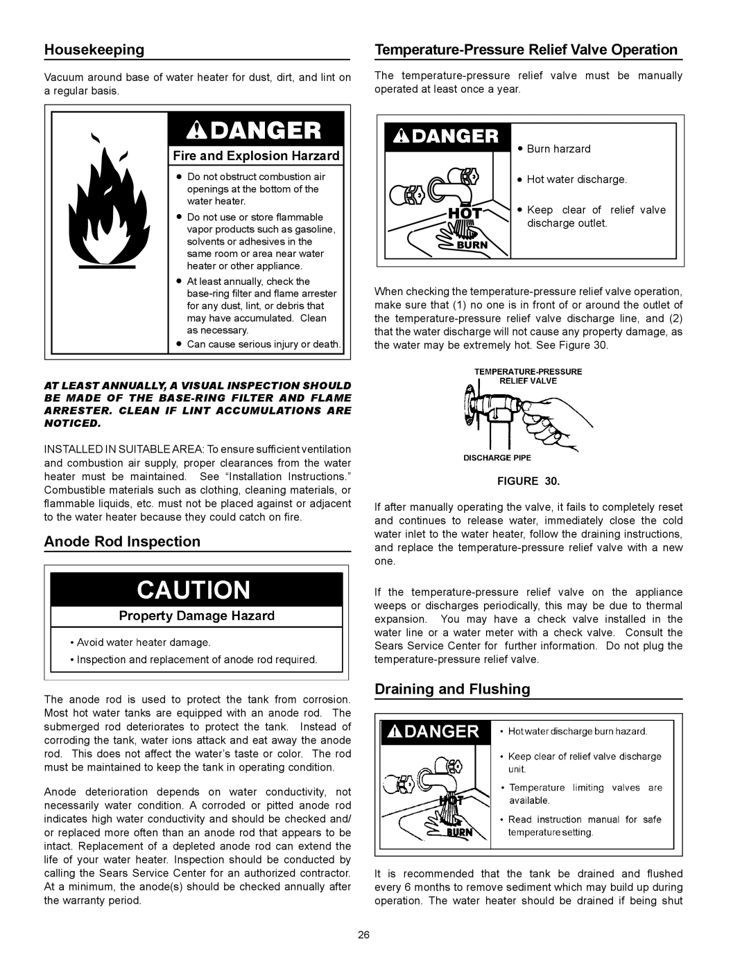 Kenmore 153.331572 Housekeeping, Anode Rod Inspection, Temperature-Pressure Relief Valve Operation, Draining and Flushing 