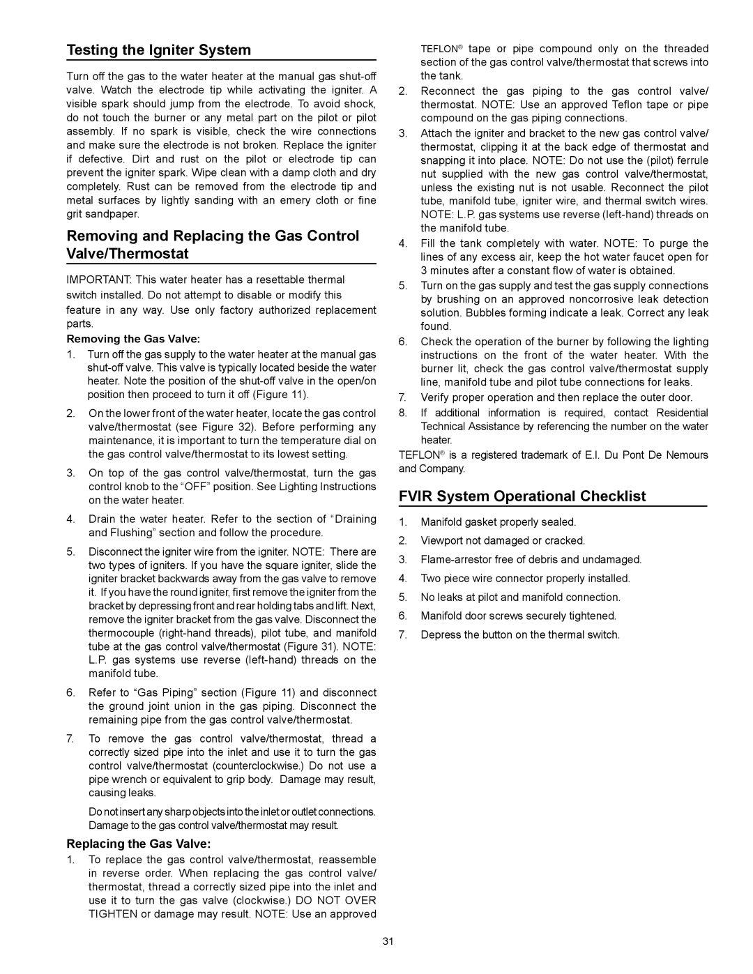 Kenmore 153.331572 owner manual Testing the Igniter System, Removing and Replacing the Gas Control Valve/Thermostat 