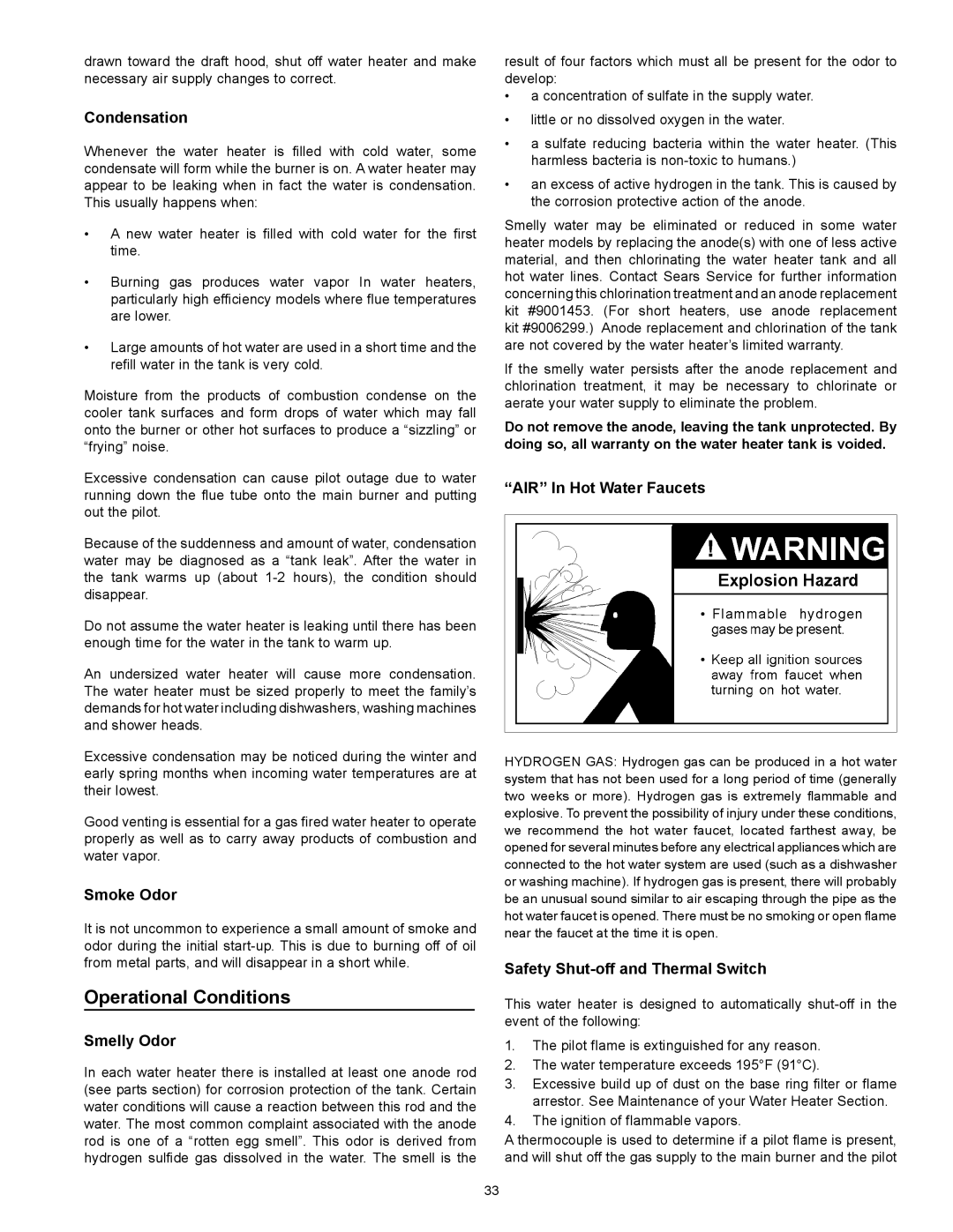 Kenmore 153.331572 owner manual Operational Conditions, Condensation 