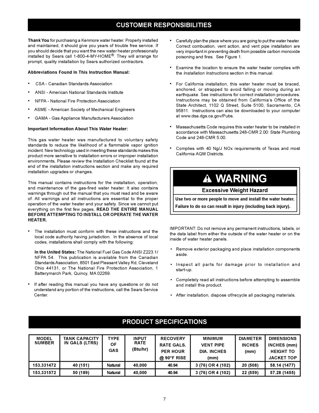 Kenmore 153.331572 owner manual Customer Responsibilities, Product Specifications 