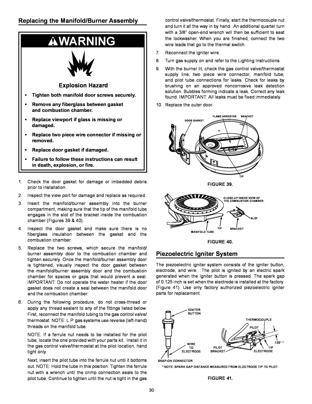 Kenmore 153.331572 owner manual Replacing the Manifold/Burner Assembly, Piezoelectric Igniter System, Explosion Hazard 