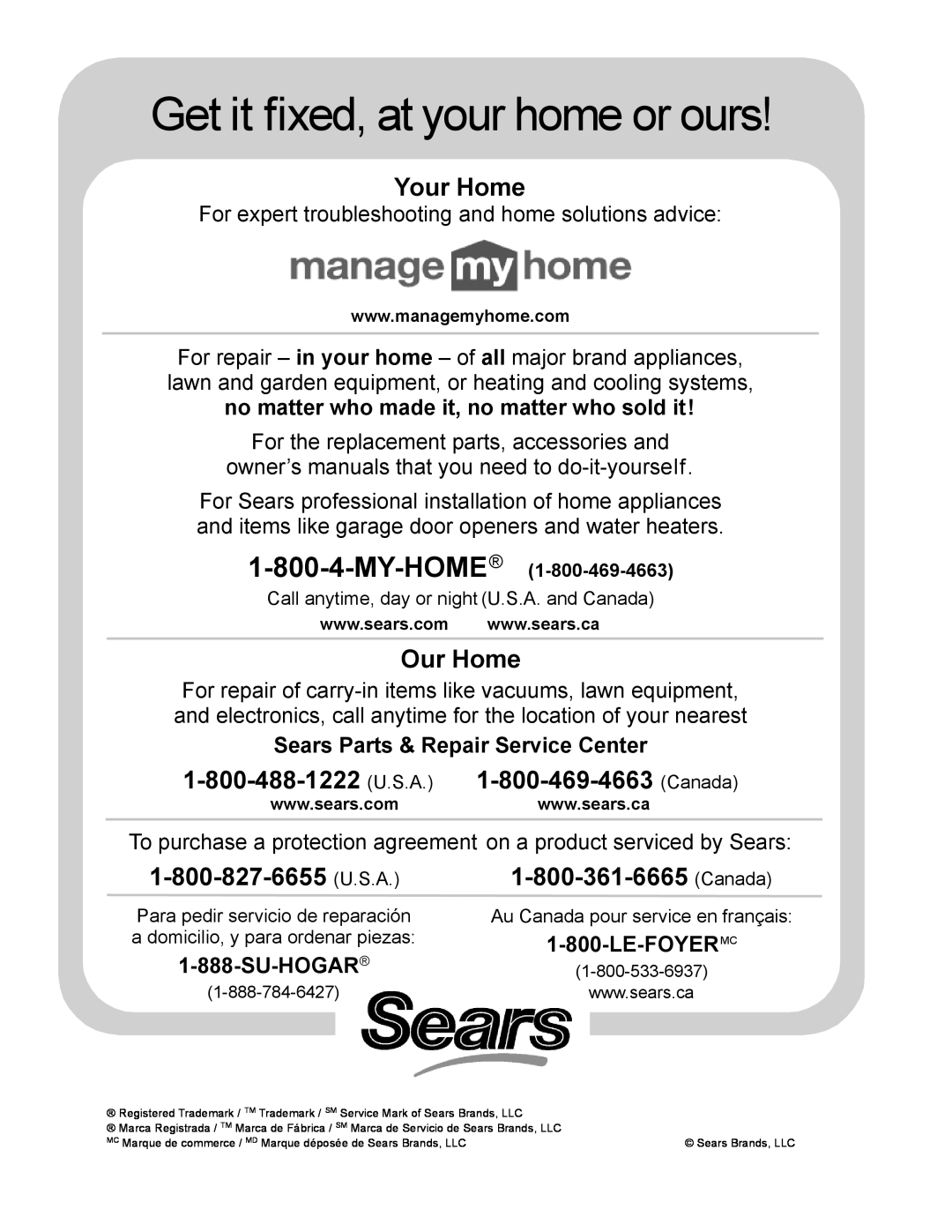 Kenmore 153.331572 Sears Parts & Repair Service Center, Su-Hogar, Le-Foyermc, Get it fixed, at your home or ours, Our Home 