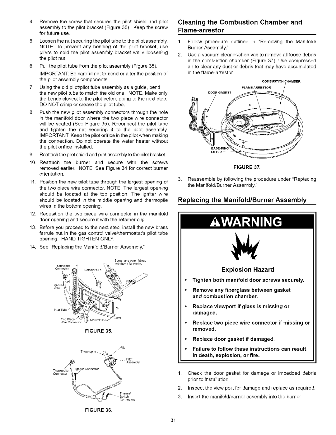 Kenmore 153.331492, 153.331592 owner manual Cleaning the Combustion Chamber and Flame-arrestor, Explosion Hazard 