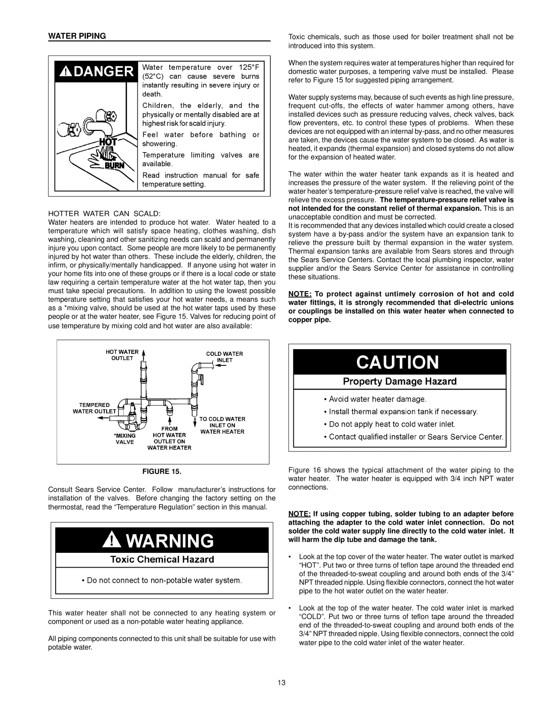 Kenmore 153.33206, 153.33204, 153.33205, 153.33207 owner manual Water Piping, Hotter Water can Scald 