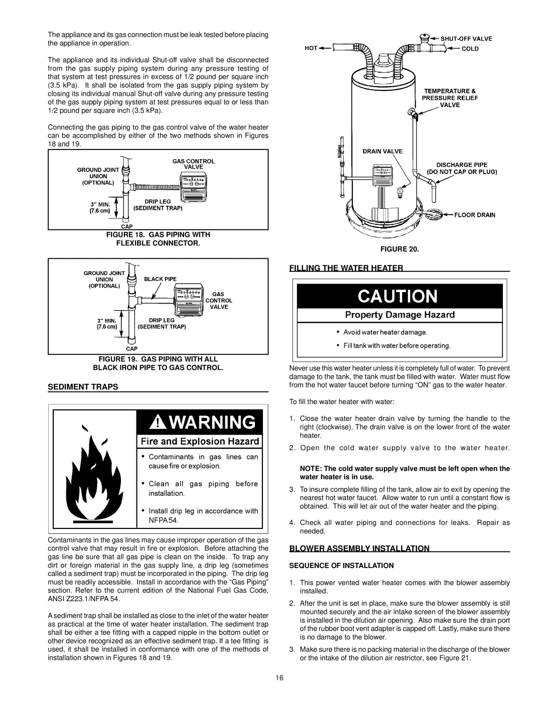 Kenmore 153.33204 Sediment Traps, Filling the Water Heater, Blower Assembly Installation, Sequence of Installation 