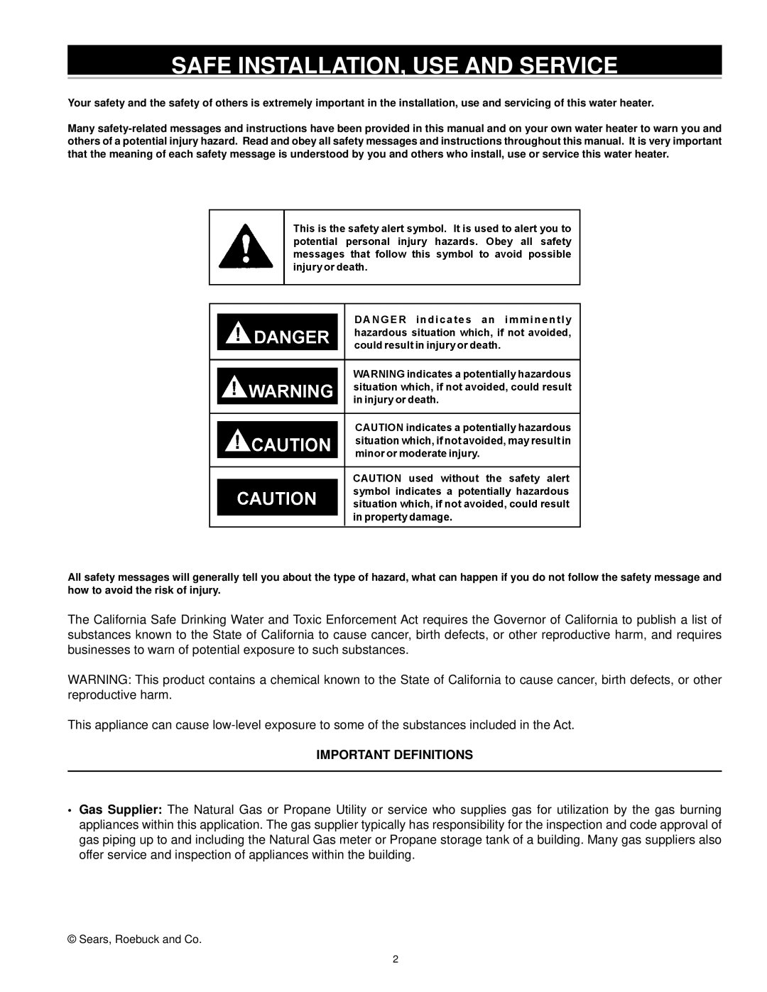 Kenmore 153.33205, 153.33204, 153.33206, 153.33207 owner manual Safe INSTALLATION, USE and Service, Important Definitions 