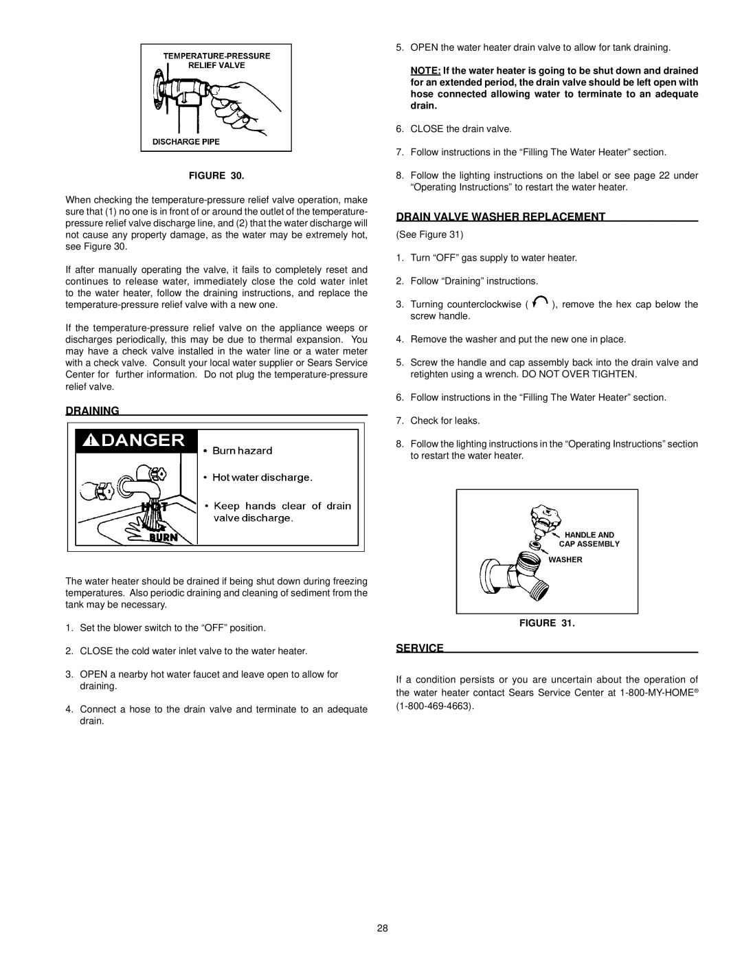 Kenmore 153.33204, 153.33206, 153.33205, 153.33207 owner manual Draining, Drain Valve Washer Replacement, Service 