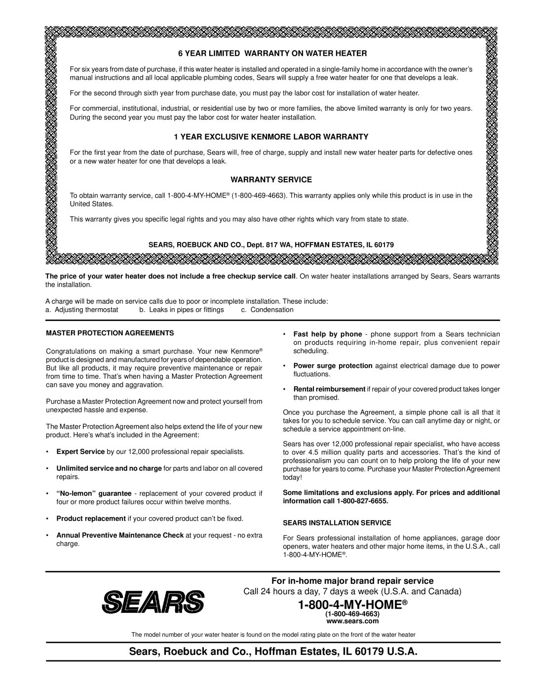 Kenmore 153.33204 Year Limited Warranty on Water Heater, Year Exclusive Kenmore Labor Warranty, Warranty Service 