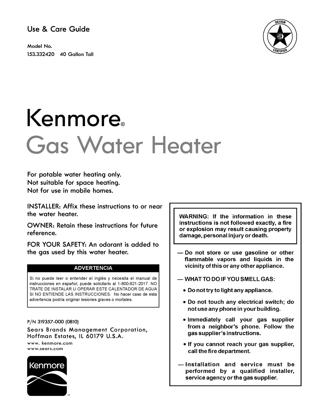 Kenmore 153.332.410 manual Gas Water Heater 