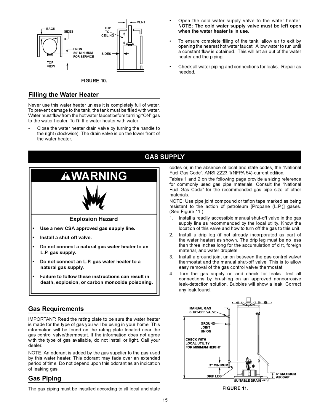 Kenmore 153.332.410 manual Filling the Water Heater, GAS Supply, Gas Requirements, Gas Piping 