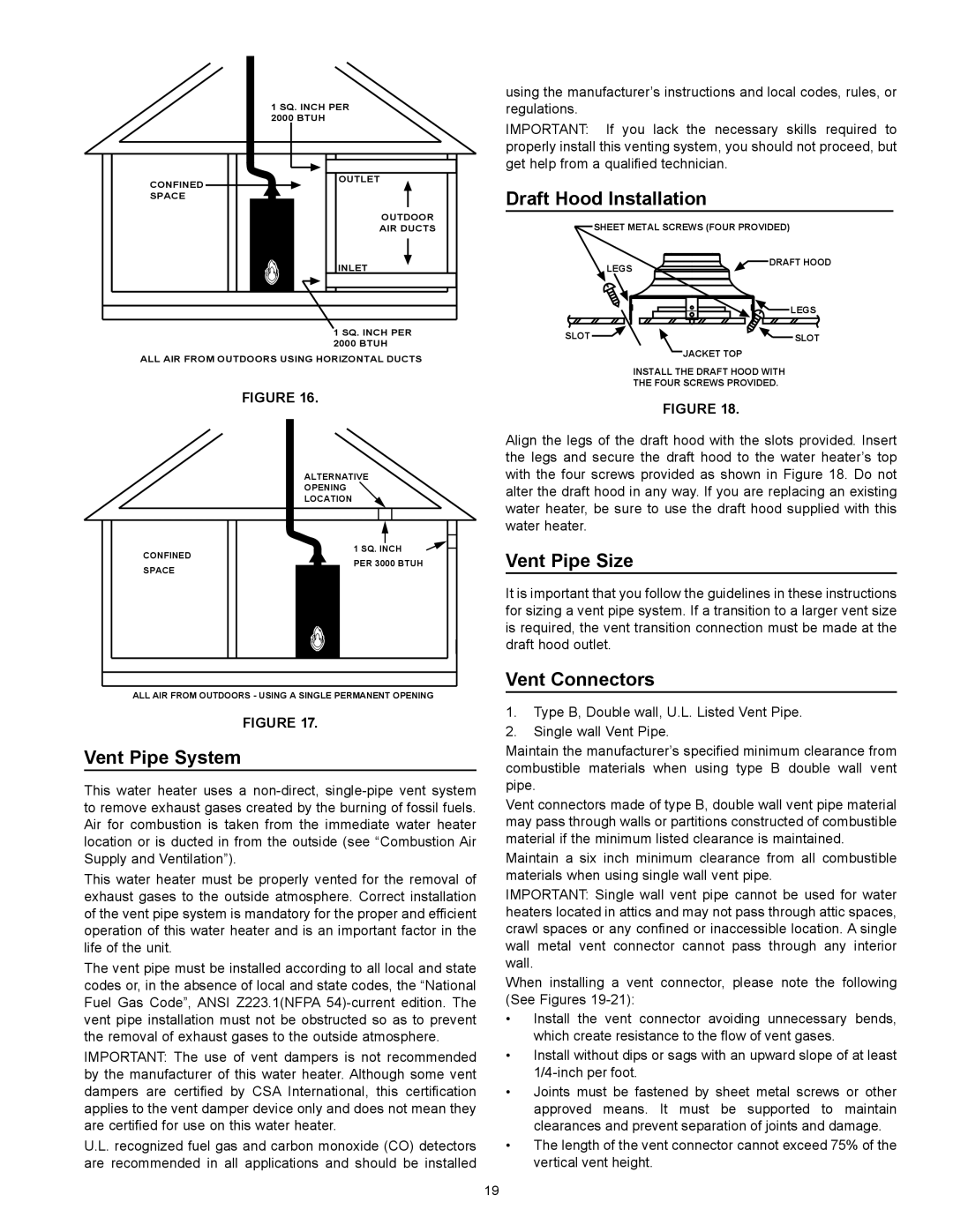 Kenmore 153.332.410 manual Draft Hood Installation, Vent Pipe System, Vent Pipe Size, Vent Connectors 