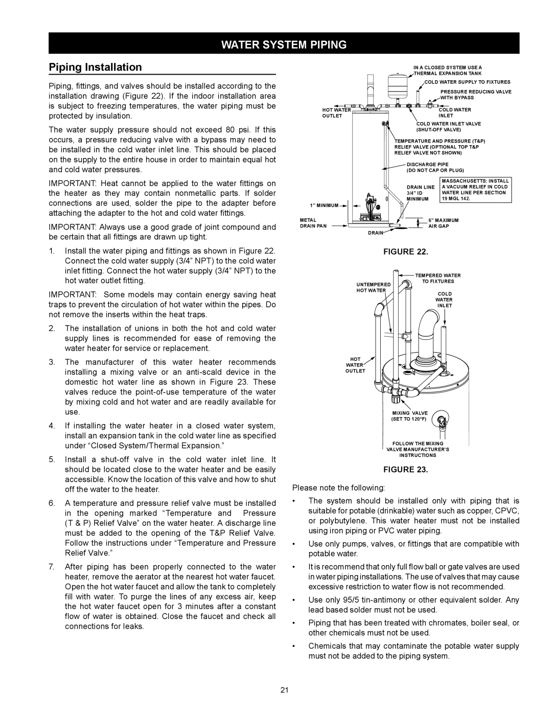 Kenmore 153.332.410 manual Water System Piping, Piping Installation 