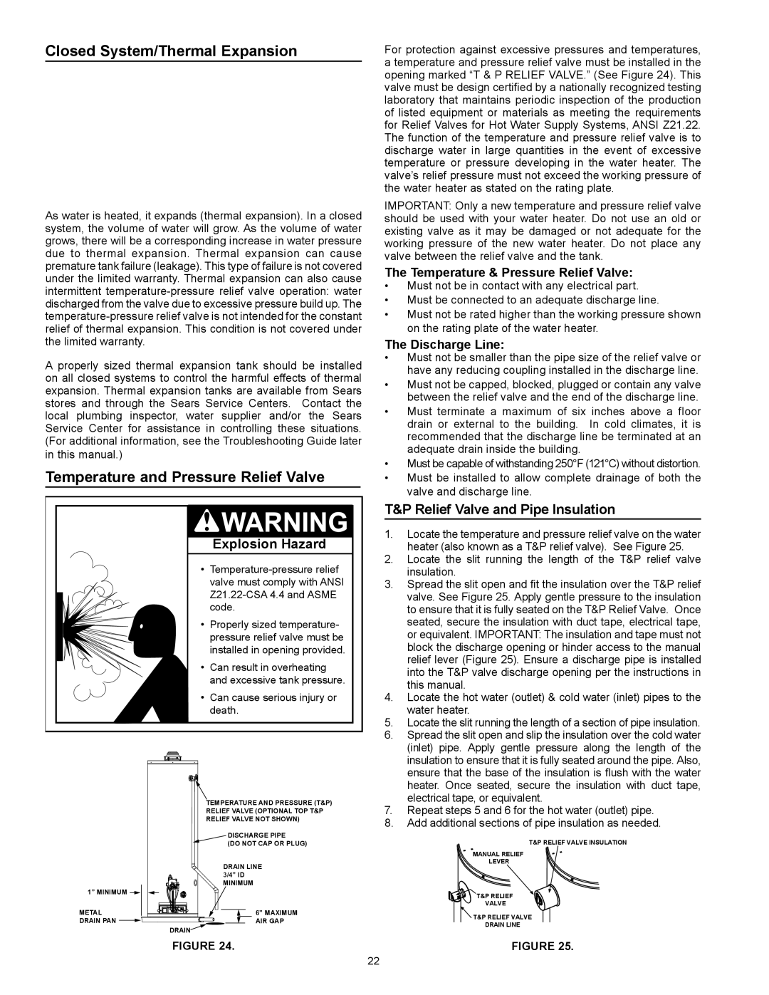 Kenmore 153.332.410 manual Closed System/Thermal Expansion, Temperature and Pressure Relief Valve 