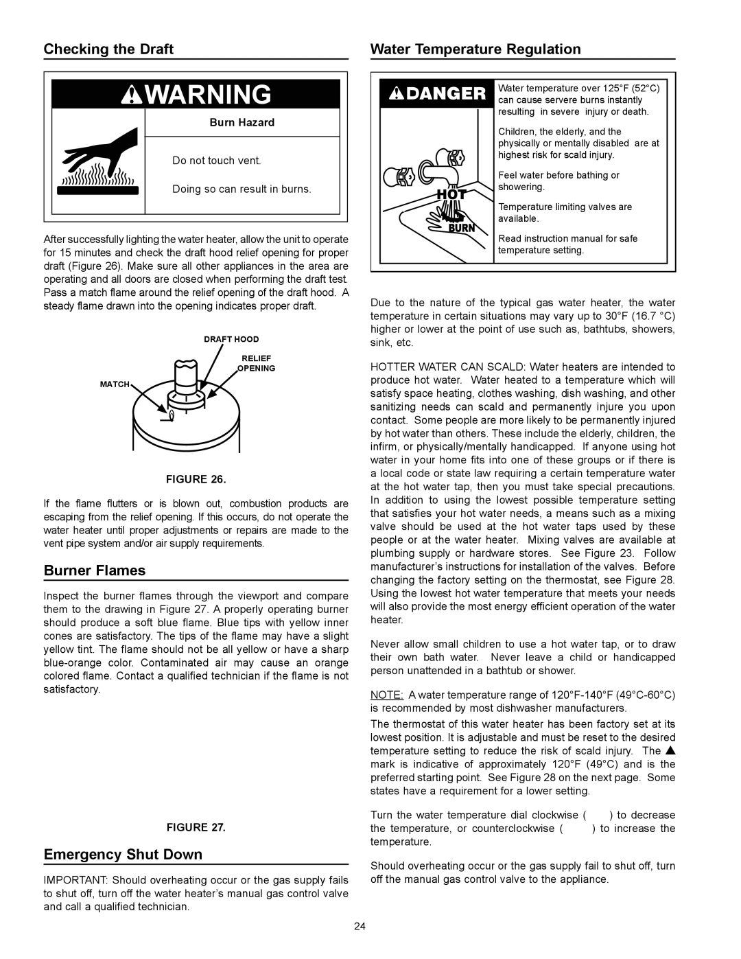 Kenmore 153.332.410 manual Checking the Draft, Burner Flames, Emergency Shut Down, Water Temperature Regulation 