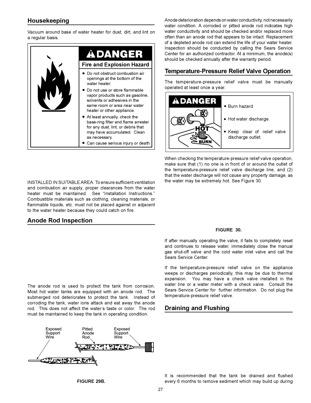 Kenmore 153.332.410 Housekeeping, Anode Rod Inspection, Temperature-Pressure Relief Valve Operation, Draining and Flushing 