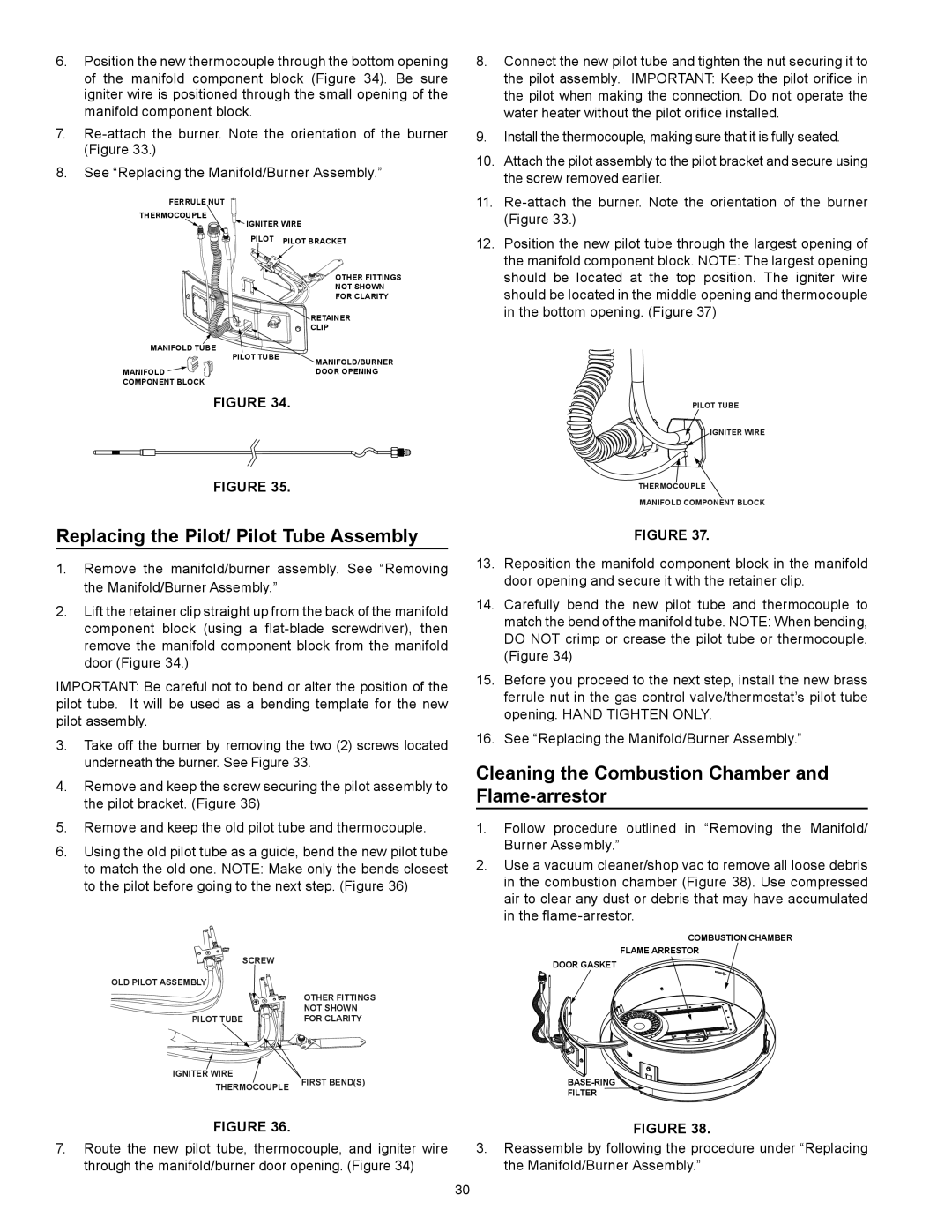 Kenmore 153.332.410 manual Replacing the Pilot/ Pilot Tube Assembly, Cleaning the Combustion Chamber and Flame-arrestor 