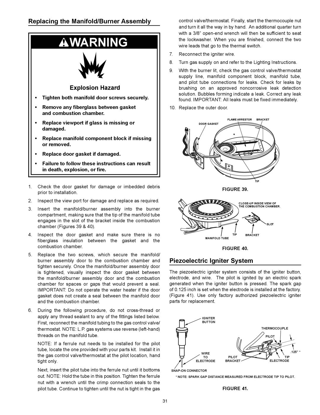 Kenmore 153.332.410 manual Replacing the Manifold/Burner Assembly, Piezoelectric Igniter System 