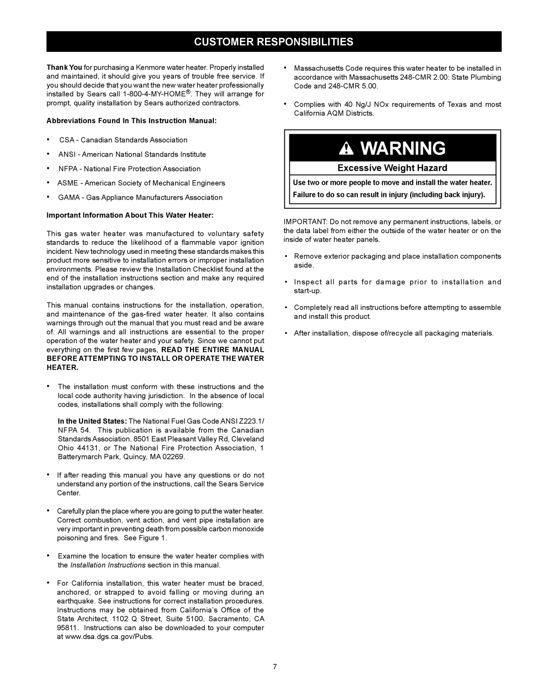 Kenmore 153.332.410 manual Customer Responsibilities, Important Information About This Water Heater 