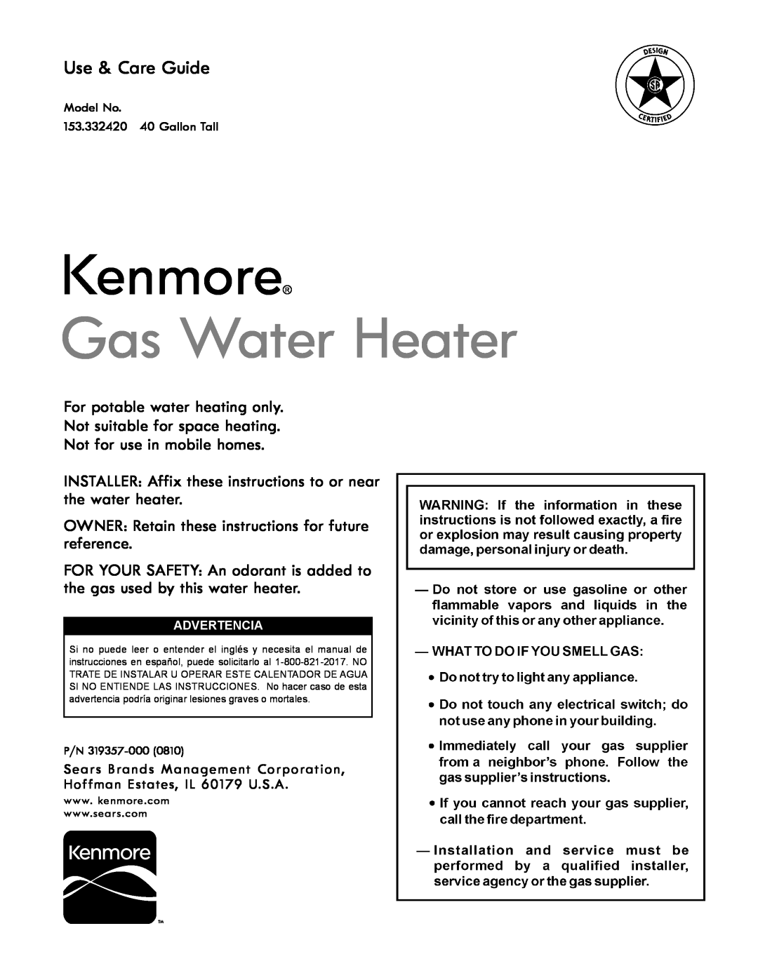 Kenmore 153.332.410 manual Use & Care Guide, For potable water heating only, Not suitable for space heating, Kenmore 