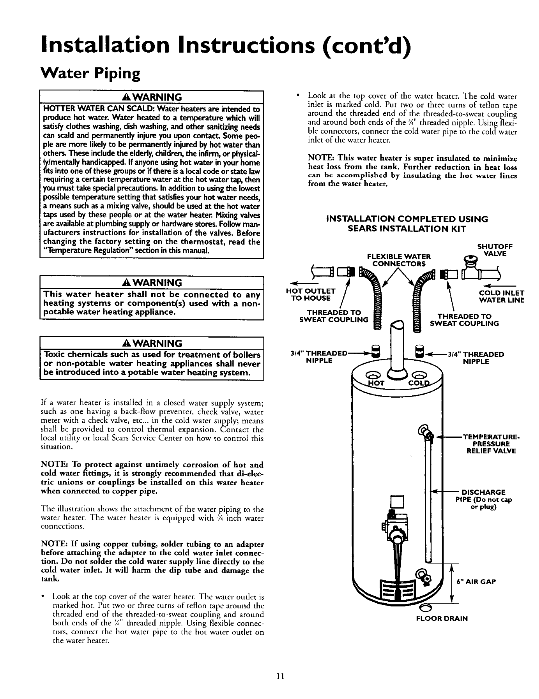 Kenmore 153.332161, 153.332419, 153.332463, 153.332363 Water Piping, Installation Completed Using Sears Installation KIT 