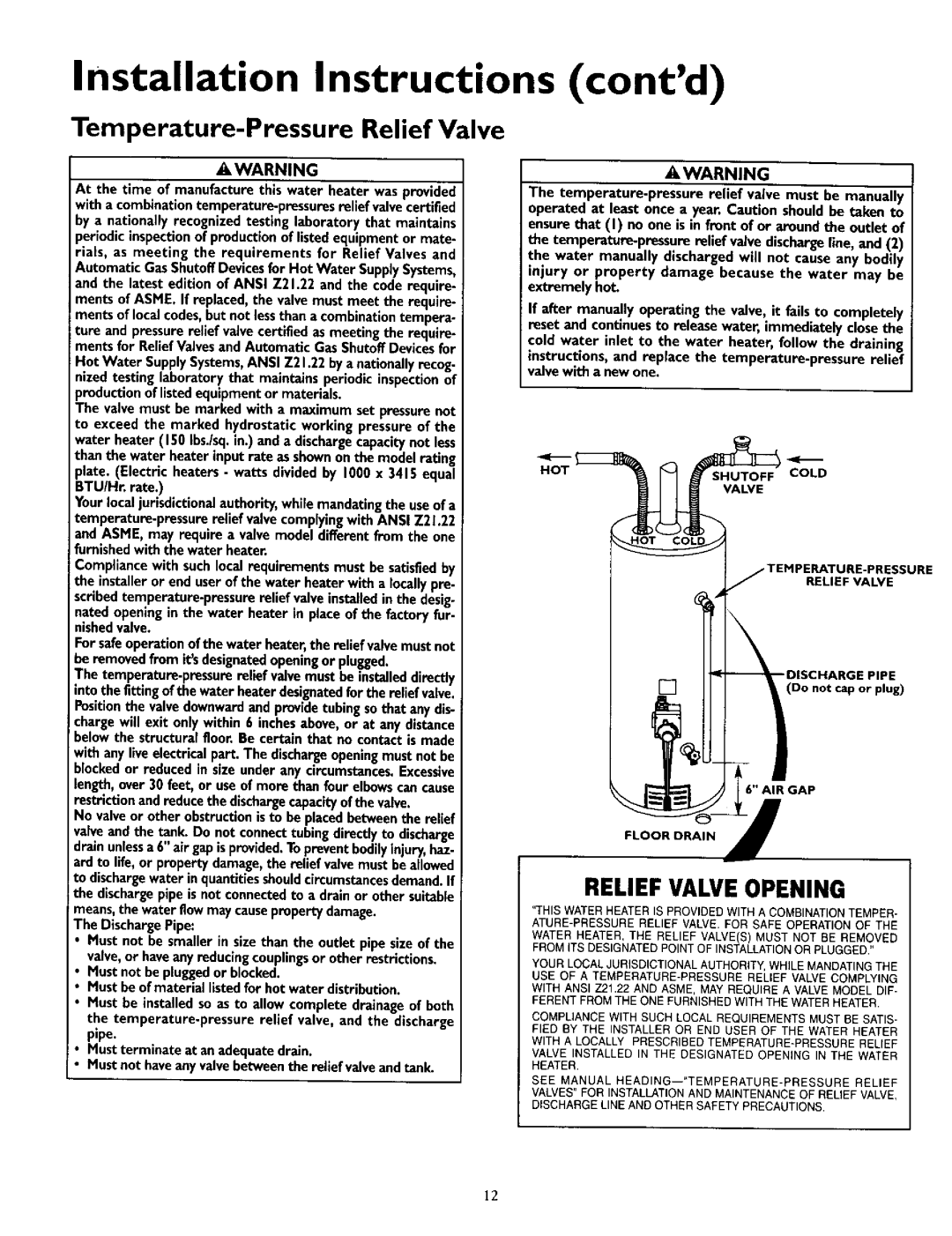 Kenmore 153.332111, 153.332419, 153.332463, 153.332363, 153.332319 Temperature-Pressure Relief Valve, Relief Valve Opening 