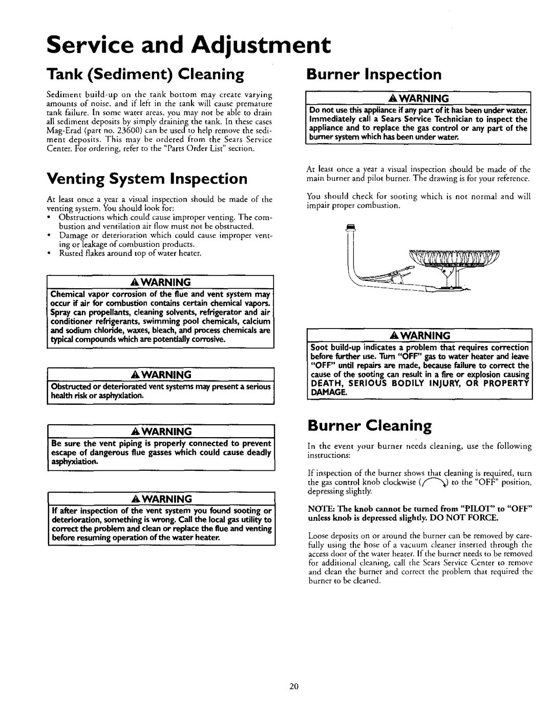 Kenmore 153.332563 Service and Adjustment, Tank Sediment Cleaning, Venting System Inspection, Burner Inspection 