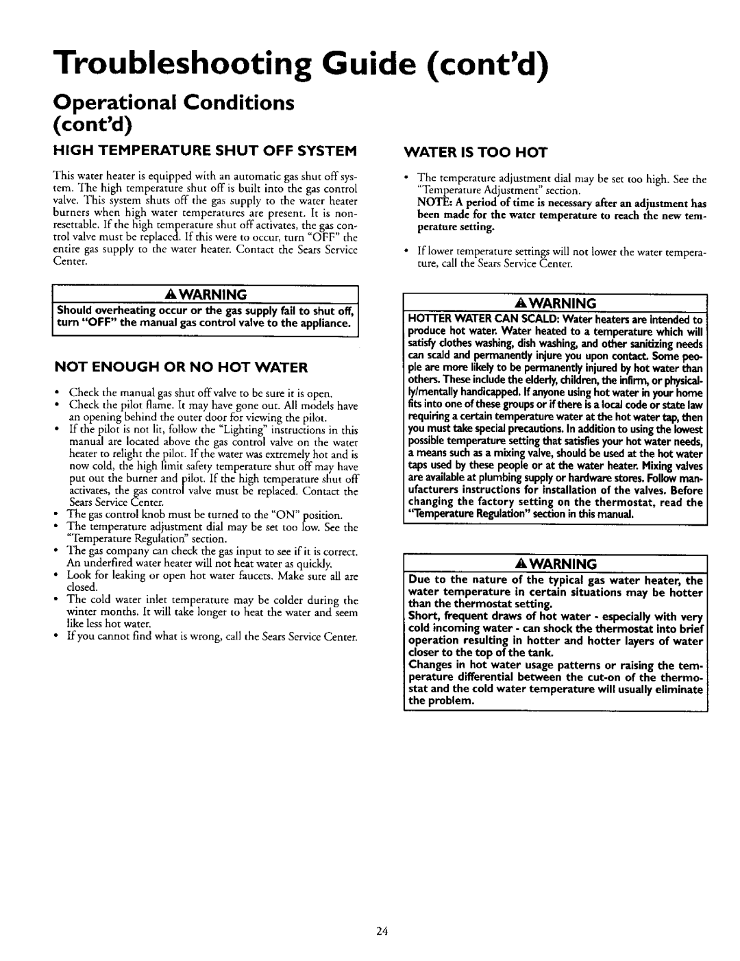 Kenmore 153.332319 Troubleshooting Guide contd, Contd, High Temperature Shut OFF System, Not Enough or no HOT Water 