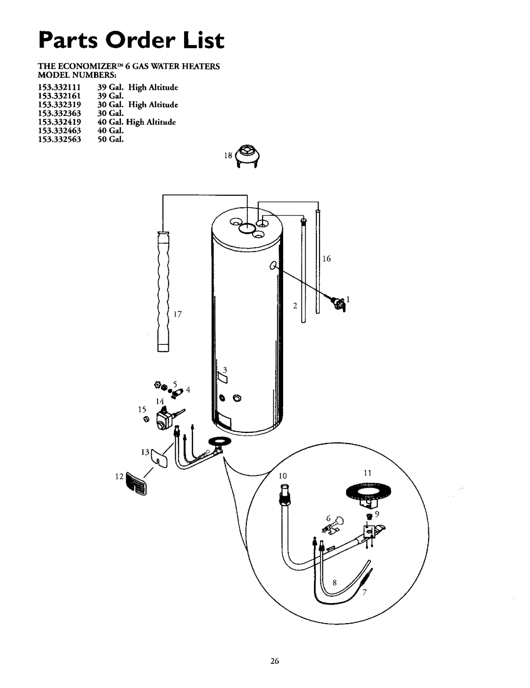 Kenmore 153.332111, 153.332419, 153.332463, 153.332363, 153.332319, 153.332563 owner manual Parts Order List, 153.332161 39 Gal 