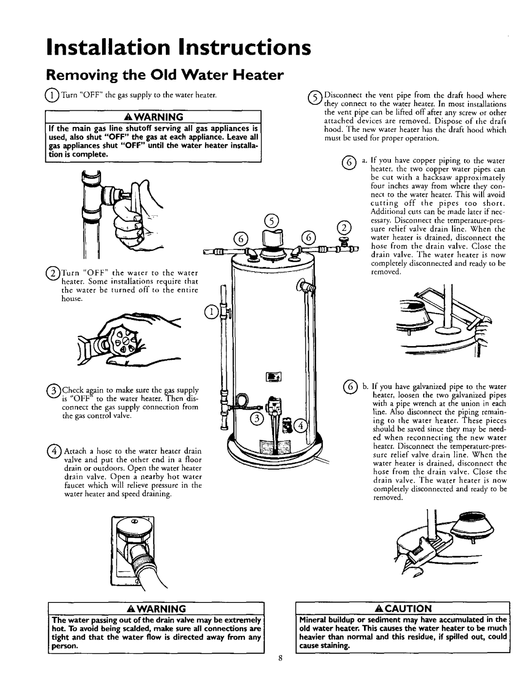 Kenmore 153.332463, 153.332419, 153.332363 Installation Instructions, Removing the Old Water Heater, Awarning, Acaution 