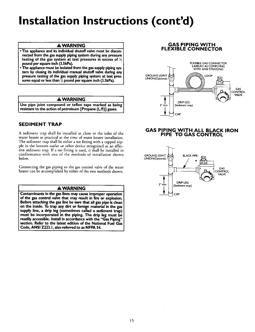 Kenmore 153.332463 Installation Instructions contd, 3,,T..sD, =Po, Warningi, Awarning, Gas Piping With All Black Iron 