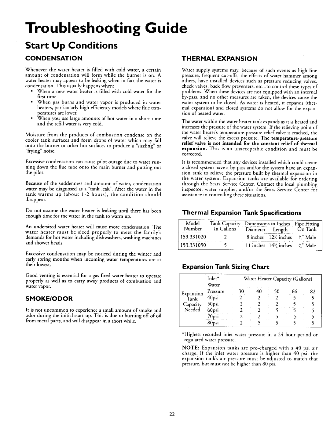 Kenmore 153.332463 Troubleshooting Guide, Start Up Conditions, Condensation, Thermal Expansion, Expansion Tank, Sizing 