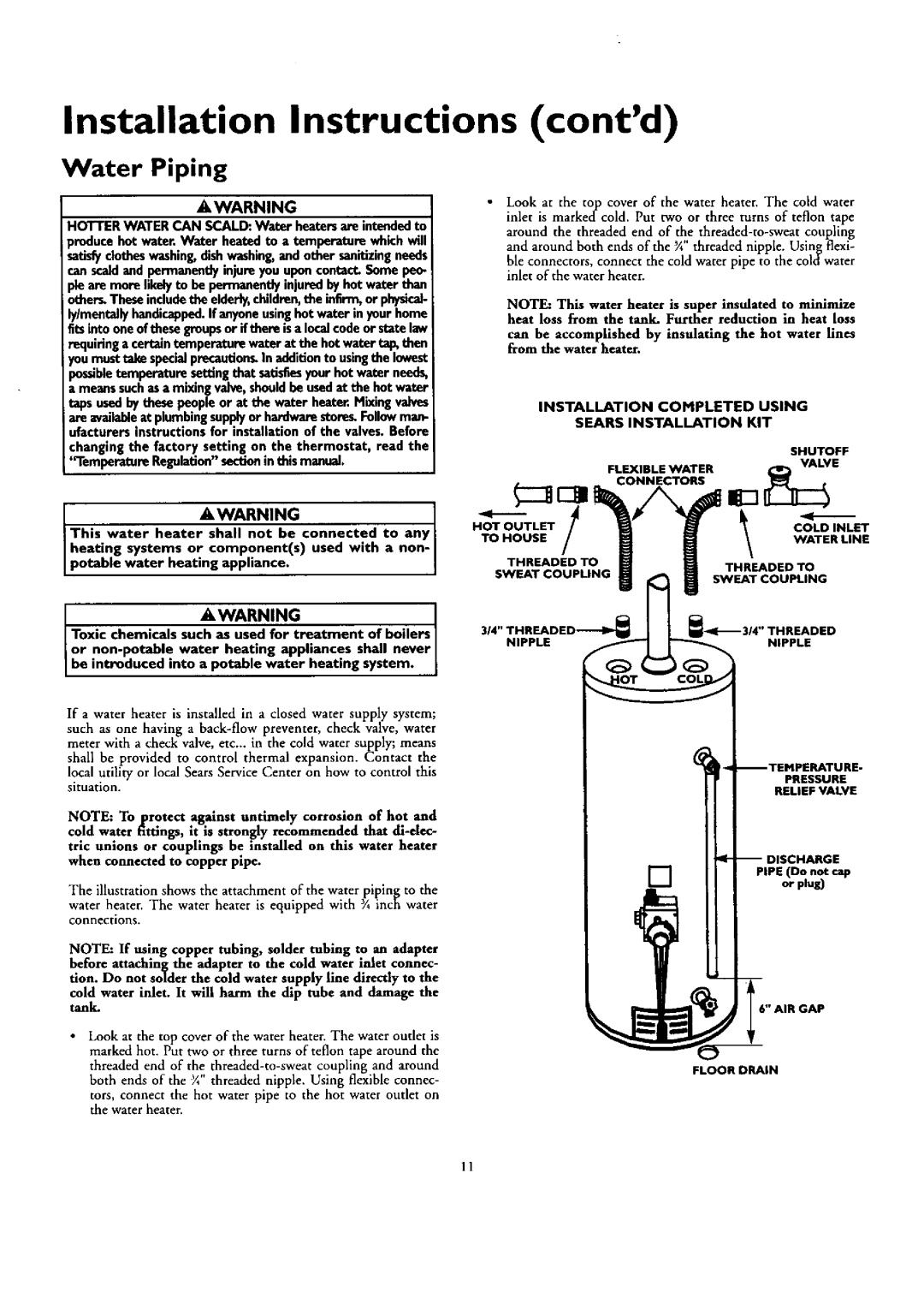 Kenmore 153.332362 Installation Instructions contd, Water Piping, Installation Completed Using Sears Installation KIT 