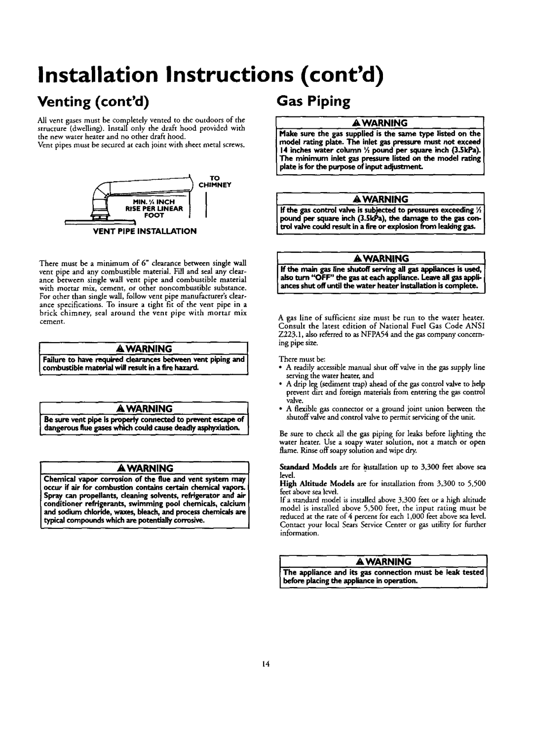 Kenmore 153.332562 Venting contd, Gas Piping, Ate is for the purposeof input adjustment, Vent Pipe Installation 