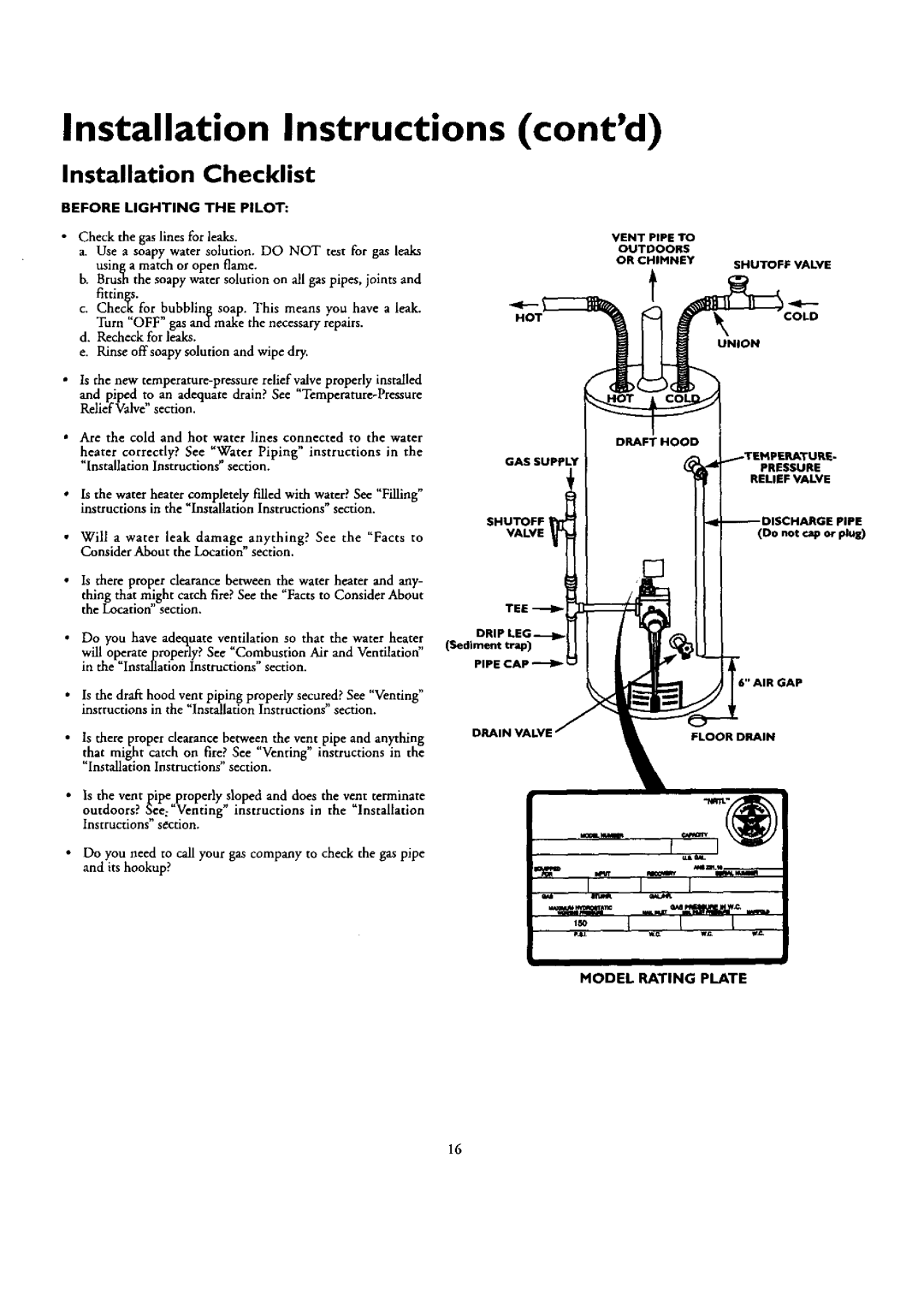 Kenmore 153.332362, 153.332462, 153.332418, 153.332318 Installation Checklist, Before Lighting the Pilot, Or Chimney 