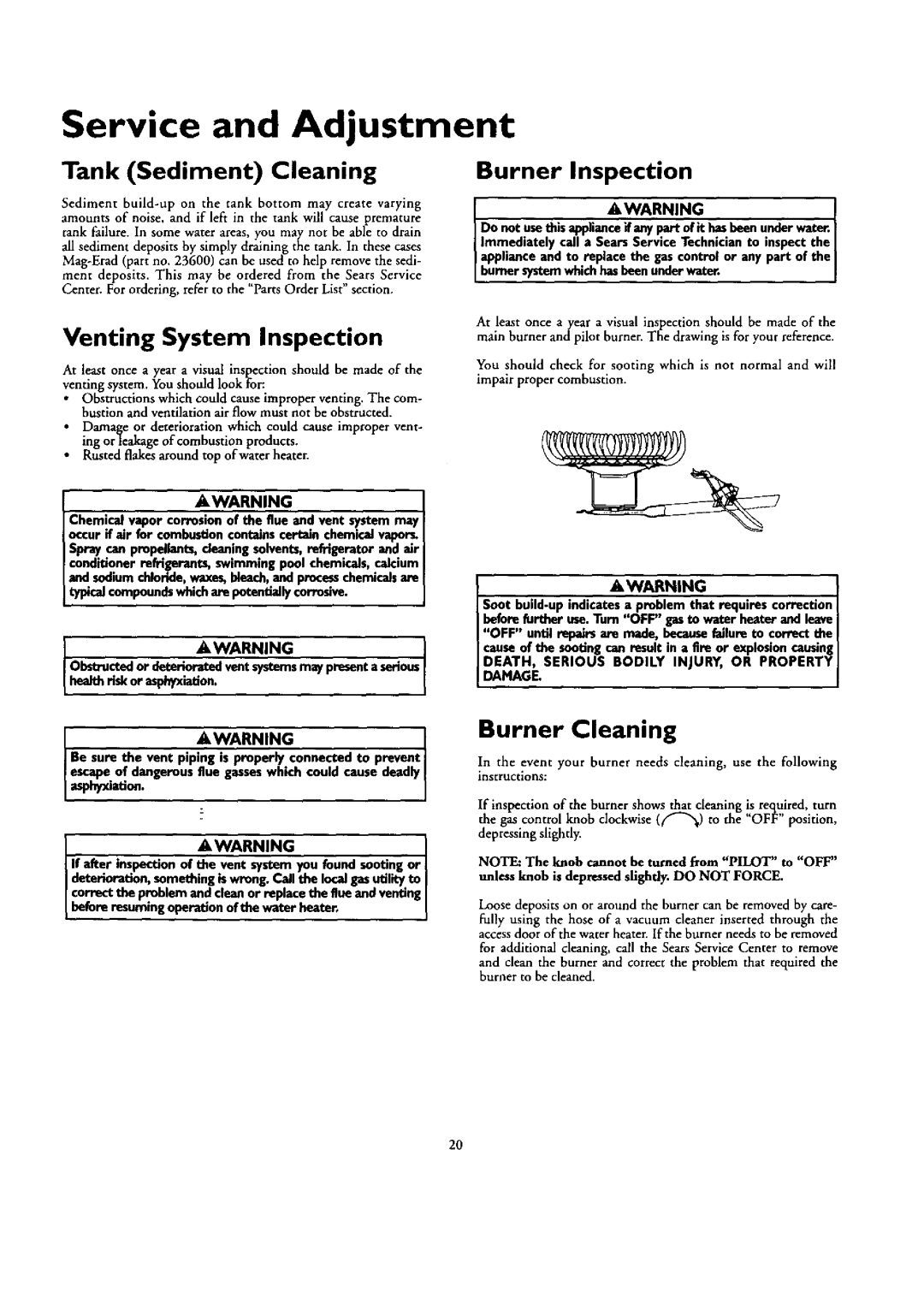 Kenmore 153.332462 Service and Adjustment, Tank Sediment Cleaning, Venting System Inspection, Burner Inspection 