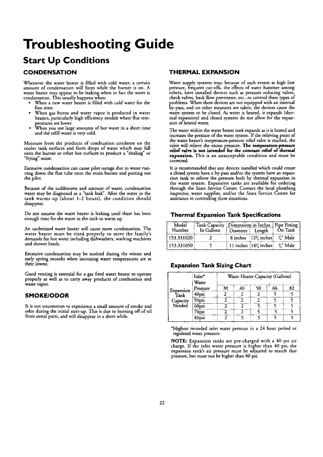 Kenmore 153.332418, 153.332462 Troubleshooting Guide, Start Up Conditions, Condensation Thermal Expansion, Smoke/Odor 