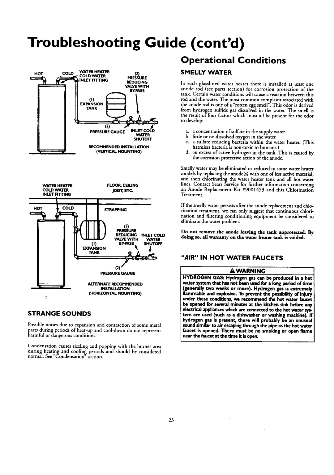 Kenmore 153.332318 Troubleshooting Guide contd, Smelly Water, Strange Sounds, AIR in HOT Water Faucets Awarning 