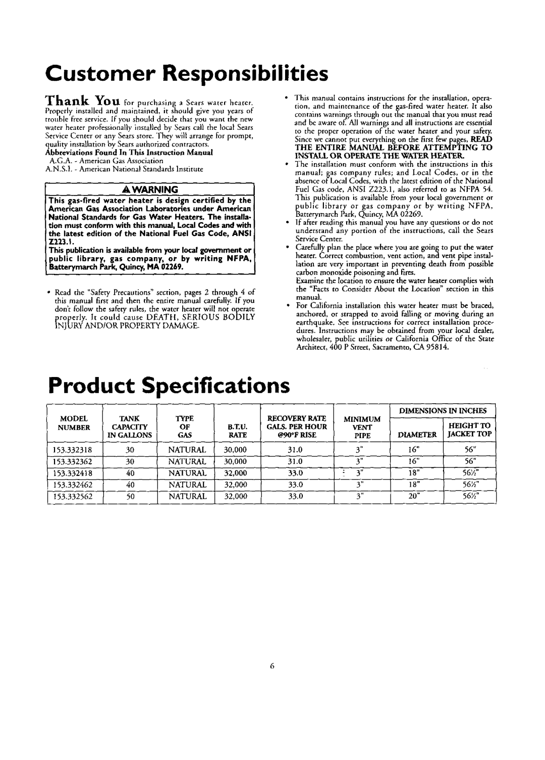 Kenmore 153.332362, 153.332462, 153.332418, 153.332318, 153.332562 Product Specifications, Customer Responsibilities 